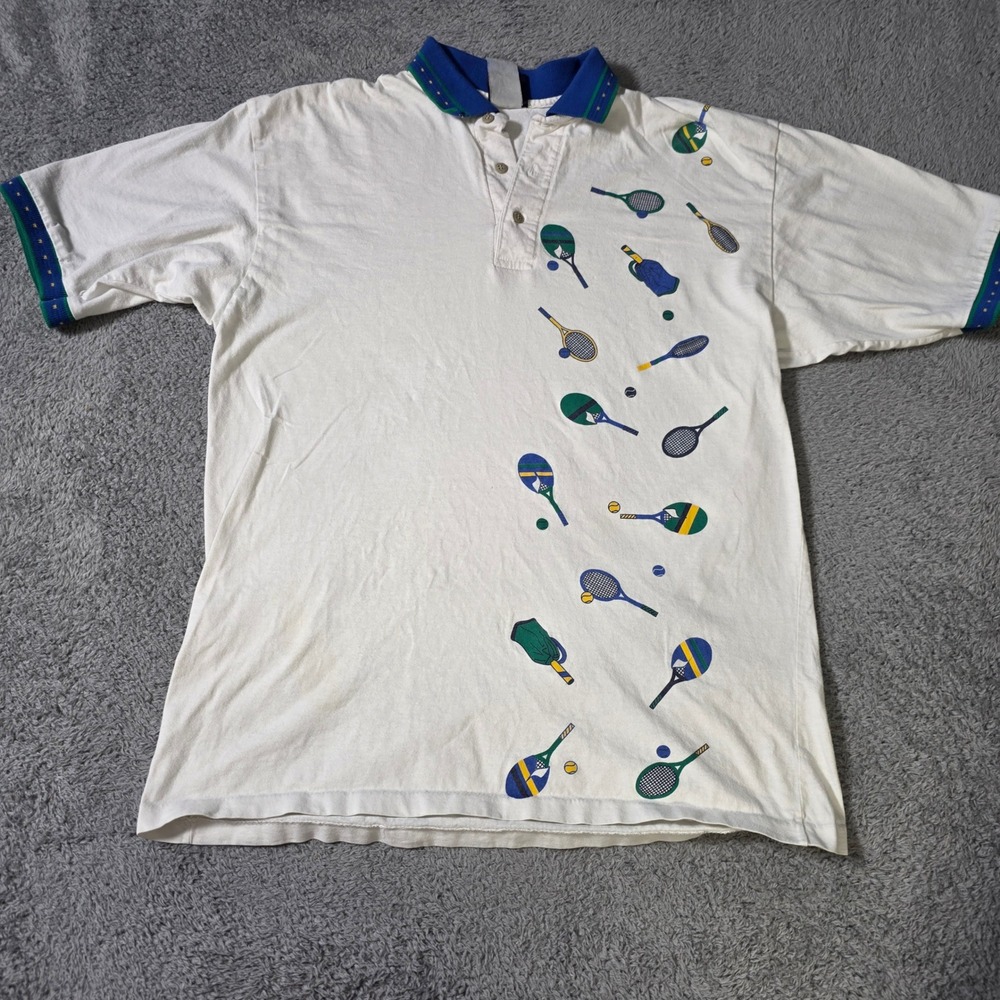 Jantzen Mens XL Polo Shirt White Tennis Racket Graphic Vintage 90s Sporty